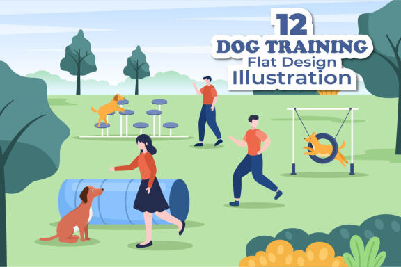 12 Dogs Training Center Flat Design Illustration