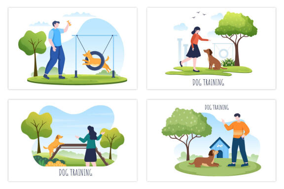 12 Dogs Training Center Flat Design Illustration