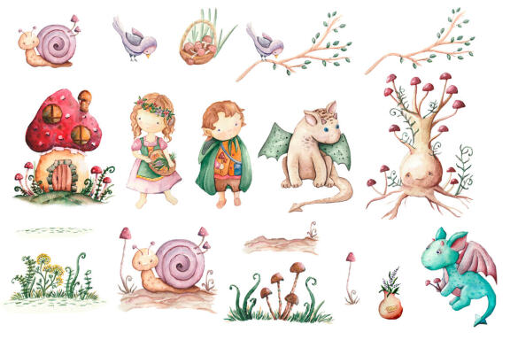 Fairy tale characters, Watercolor Clipart