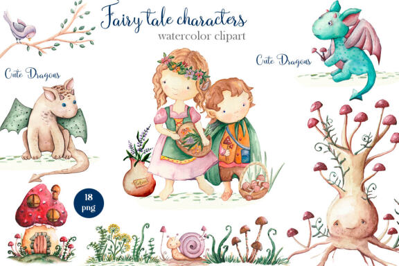 Fairy tale characters, Watercolor Clipart