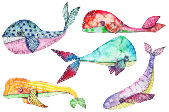 Watercolor clipart Under the Sea, Funny whales, Baby nautical clipart