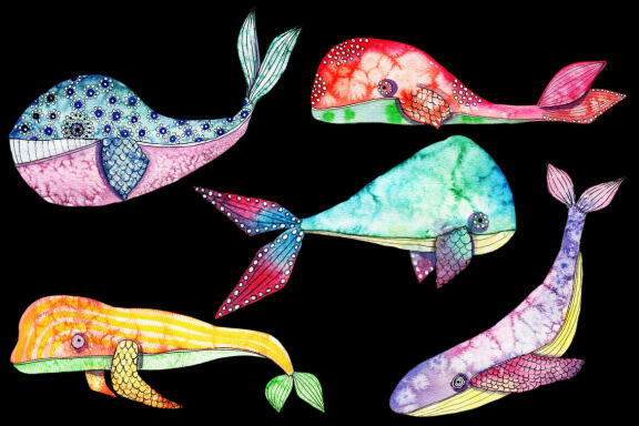 Watercolor clipart Under the Sea, Funny whales, Baby nautical clipart