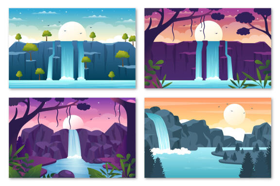 12 Waterfall Landscape Flat Design Illustration
