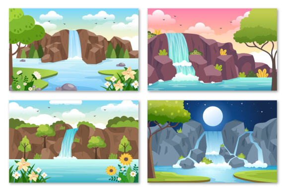 12 Waterfall Landscape Flat Design Illustration