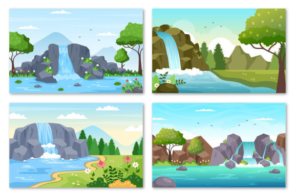 12 Waterfall Landscape Flat Design Illustration