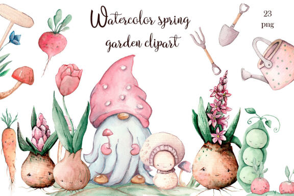 Watercolor Spring Garden Clipart, Spring Bulb Flowers
