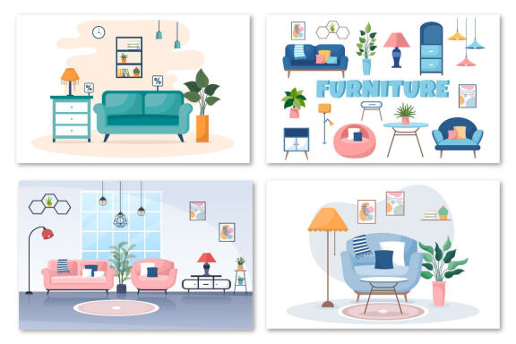 17 Home Furniture Flat Design Illustration