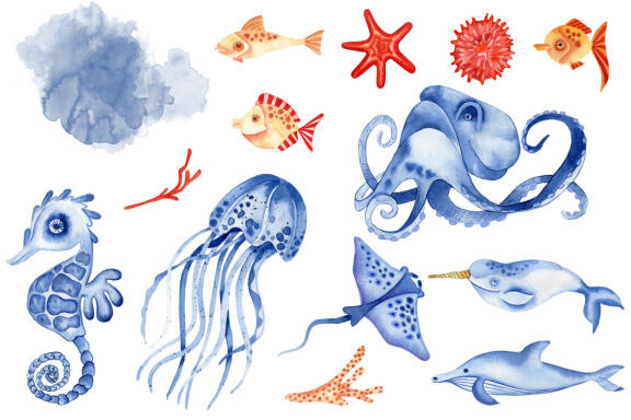 Sea animals and fish clipart