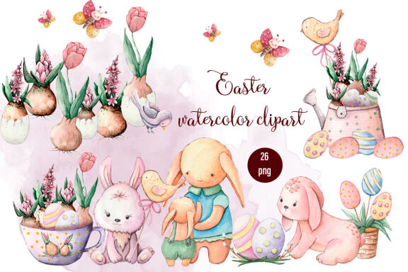 Easter watercolor clipart, Bunny clipart