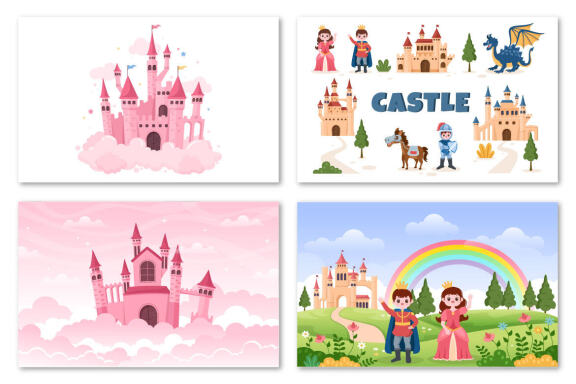 20 Castle with Prince and Queen Cartoon Illustration