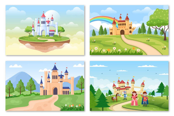 20 Castle with Prince and Queen Cartoon Illustration