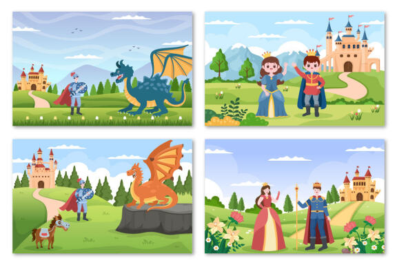 20 Castle with Prince and Queen Cartoon Illustration