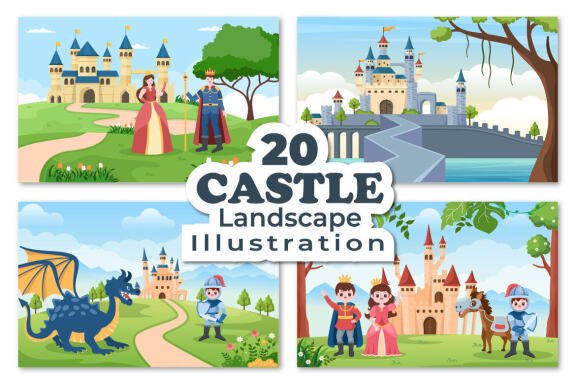 20 Castle with Prince and Queen Cartoon Illustration
