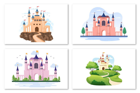 20 Castle with Prince and Queen Cartoon Illustration