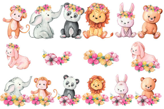 Animals in flowers Watercolor little animals clipart