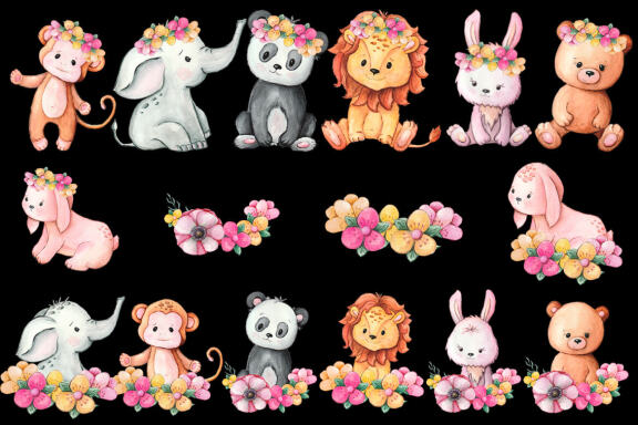 Animals in flowers Watercolor little animals clipart
