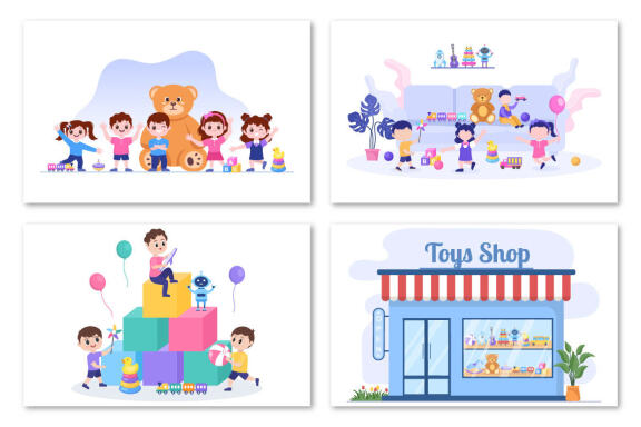 16 Kids Toys in Kindergarten Cartoon Illustration