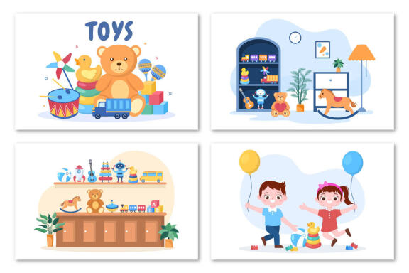 16 Kids Toys in Kindergarten Cartoon Illustration