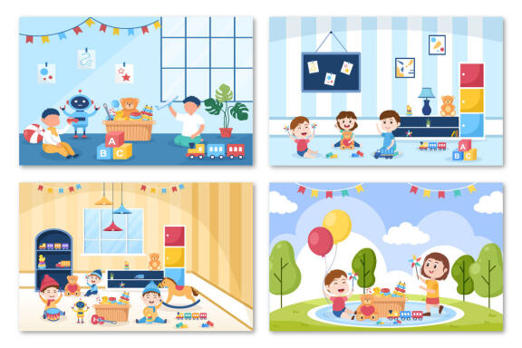 16 Kids Toys in Kindergarten Cartoon Illustration