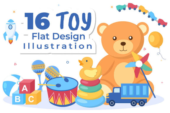 16 Kids Toys in Kindergarten Cartoon Illustration