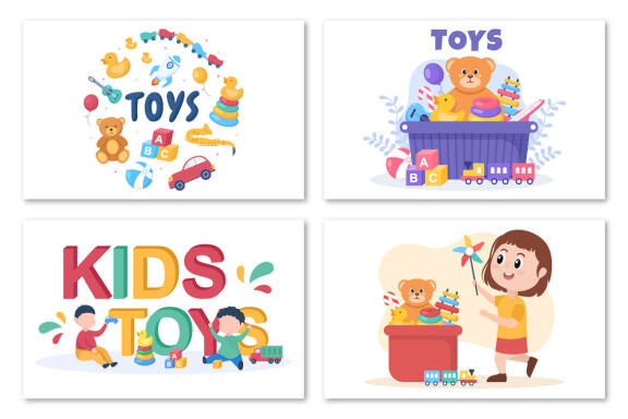 16 Kids Toys in Kindergarten Cartoon Illustration