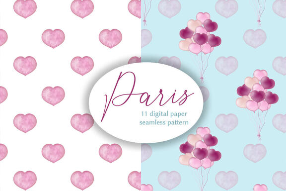 Watercolor Paris and Heart Digital Papers, Seamless pattern