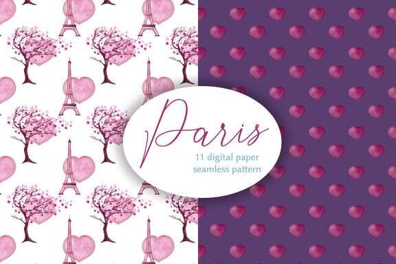 Watercolor Paris and Heart Digital Papers, Seamless pattern