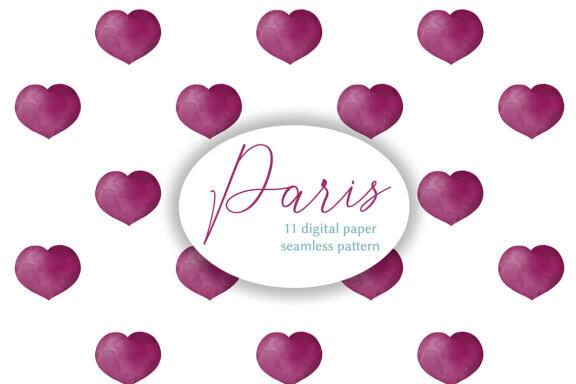 Watercolor Paris and Heart Digital Papers, Seamless pattern