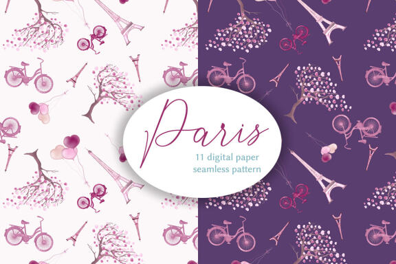 Watercolor Paris and Heart Digital Papers, Seamless pattern