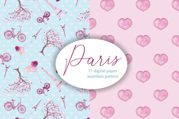 Watercolor Paris and Heart Digital Papers, Seamless pattern