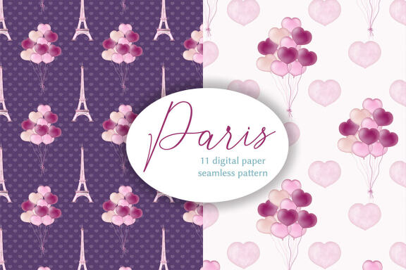 Watercolor Paris and Heart Digital Papers, Seamless pattern