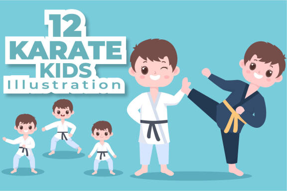 12 Cute Cartoon Karate Kids Illustration