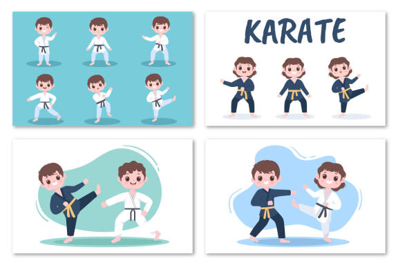 12 Cute Cartoon Karate Kids Illustration