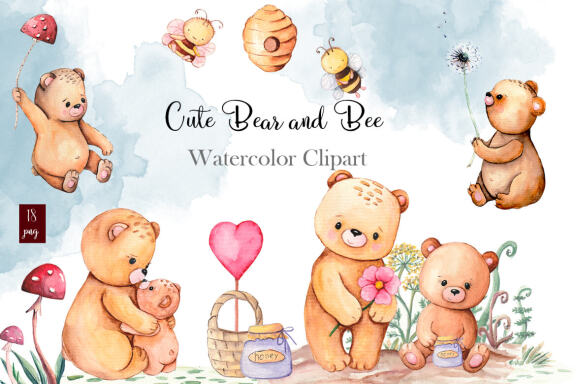 Cute Bear and Bee Watercolor Clipart