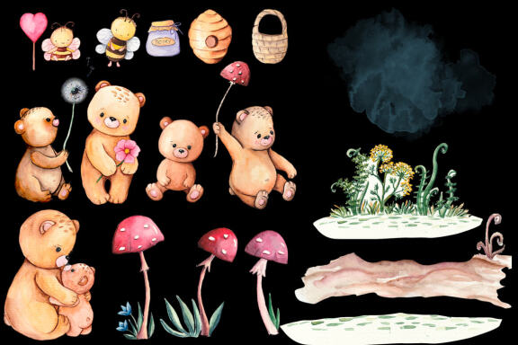 Cute Bear and Bee Watercolor Clipart