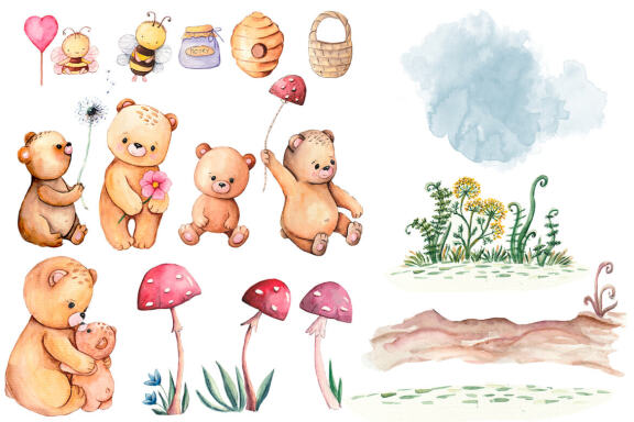 Cute Bear and Bee Watercolor Clipart