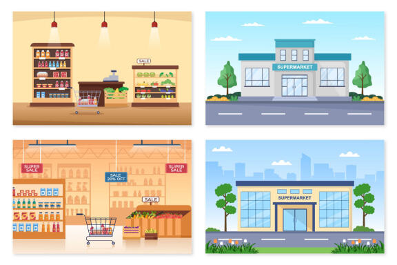 15 Supermarket Shopping Cartoon Illustration