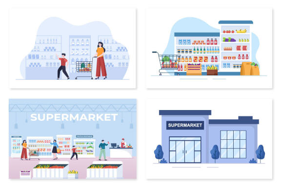 15 Supermarket Shopping Cartoon Illustration