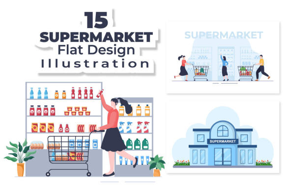 15 Supermarket Shopping Cartoon Illustration
