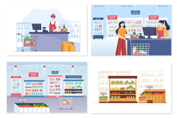 15 Supermarket Shopping Cartoon Illustration