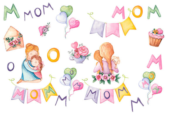 Mom watercolor clipart, mother's day