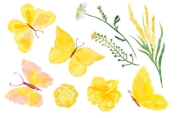 Yellow butterflies and flowers