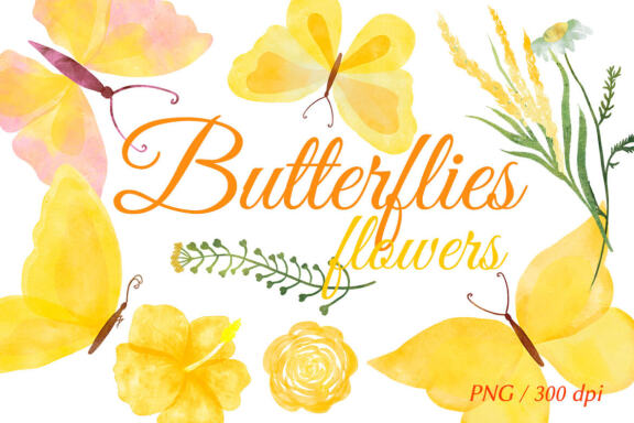 Yellow butterflies and flowers