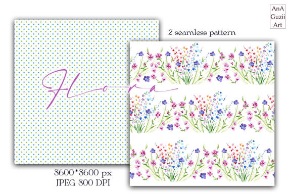 Watercolor spring seamless pattern, small flowers, wild flowers, polka dots