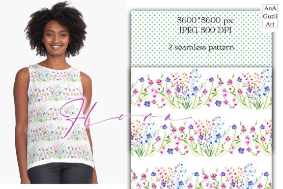 Watercolor spring seamless pattern, small flowers, wild flowers, polka dots