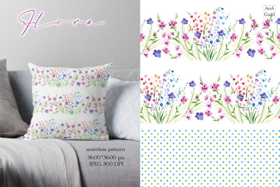 Watercolor spring seamless pattern, small flowers, wild flowers, polka dots