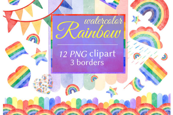 Rainbow watercolor illustration and Rainbow borders