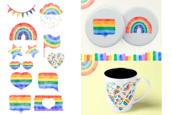 Rainbow watercolor illustration and Rainbow borders