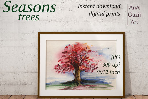Digital wall art poster, Illustration.  Trees 4 the seasons.