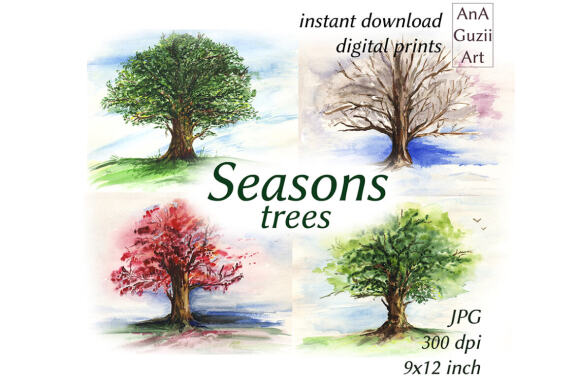 Digital wall art poster, Illustration.  Trees 4 the seasons.